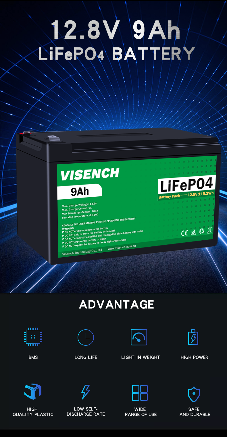 Visench Prismatic 12V 12.8V 9Ah Rechargeable Lithium Iron Phosphate Lifepo4 Battery