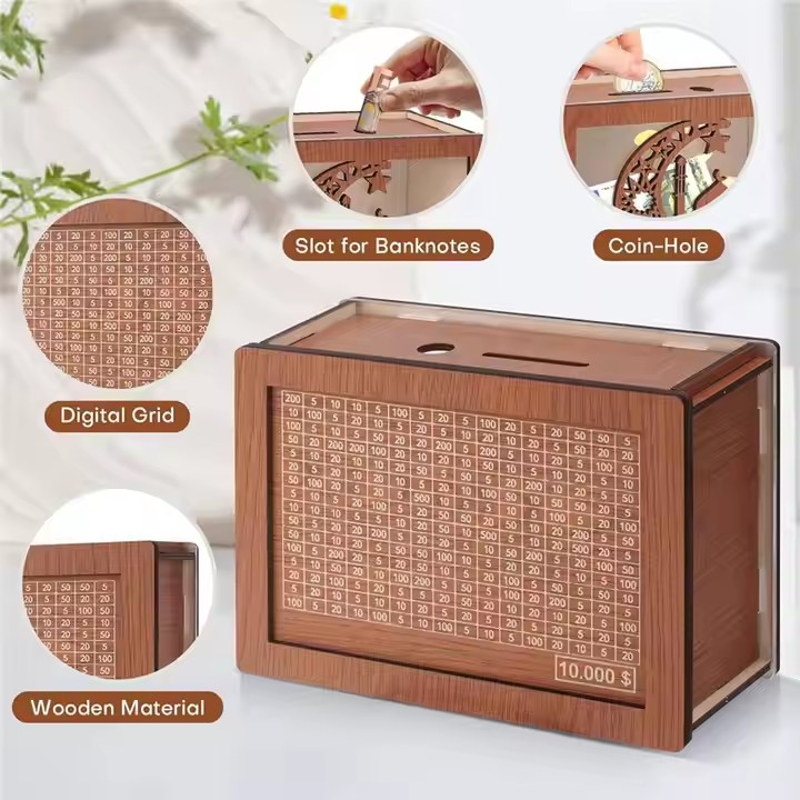 Cute Square Wooden Piggy Bank - Adorable Savings Container Durable Wooden Design for Kids and Adults