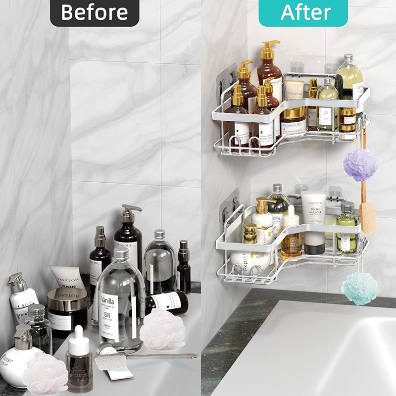 L-shaped Design No drilling Stainless Steel Strong adhesive Shower Organizer Shelf with 8 hooks