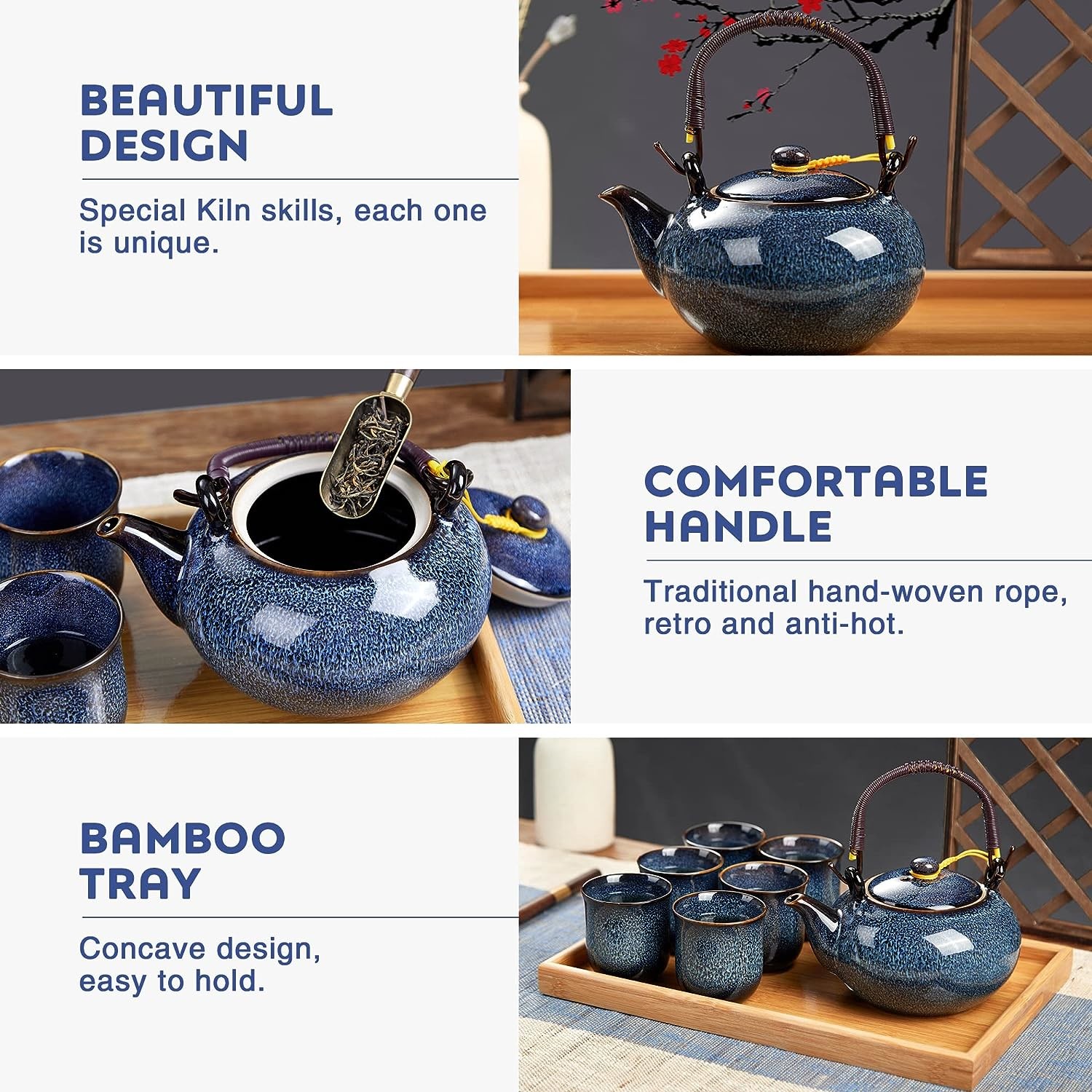Kung Fu Tea Cup Set Porcelain Gongfu Tea Set 6.7oz With Bamboo Tray