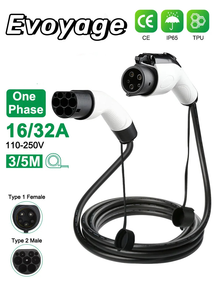 Type 2 To Type 1 Mode 3 EV Charging Cable 1 / 3 Phase 3.6KW / 7.4KW / 11KW / 22KW