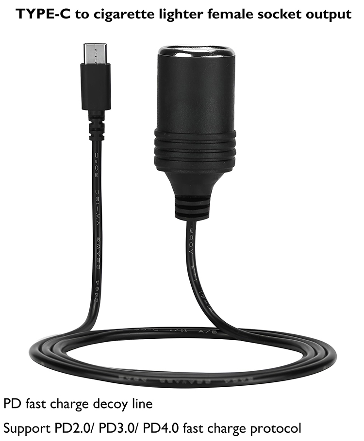 PD Charging 12v Output USB Type C Male to Cigarette Lighter Female Socket Plug Power Adapter Cable for Car