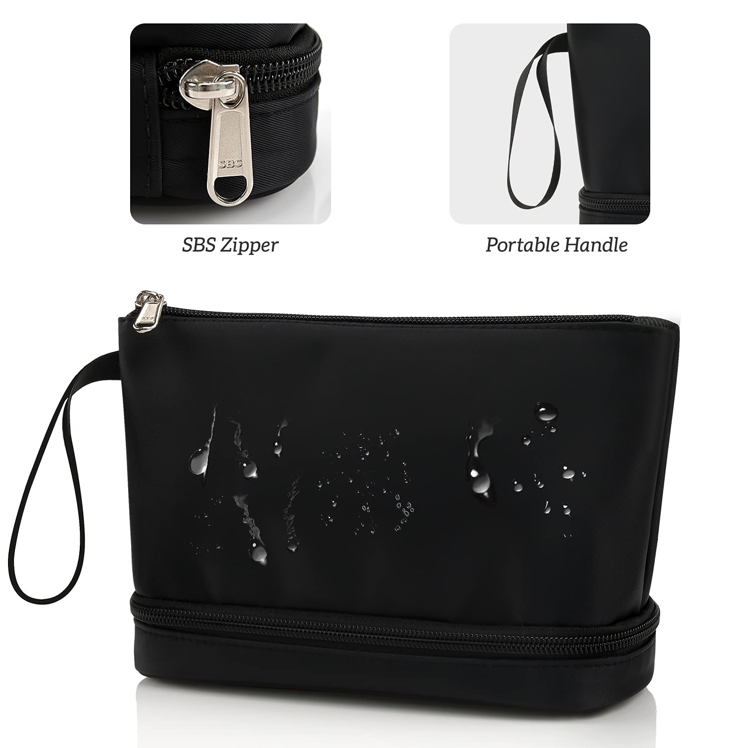 Fashion Black Waterproof Two Layer Cosmetic Pouch Ladies Carry On Clutch Makeup Bag With Brush Organize