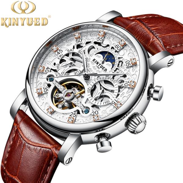 Buy cheap KINYUED Watch Leather Strap Tourbillon Skeleton Watches Men Luxury In Stock Automatic Mechanical Watch from wholesalers