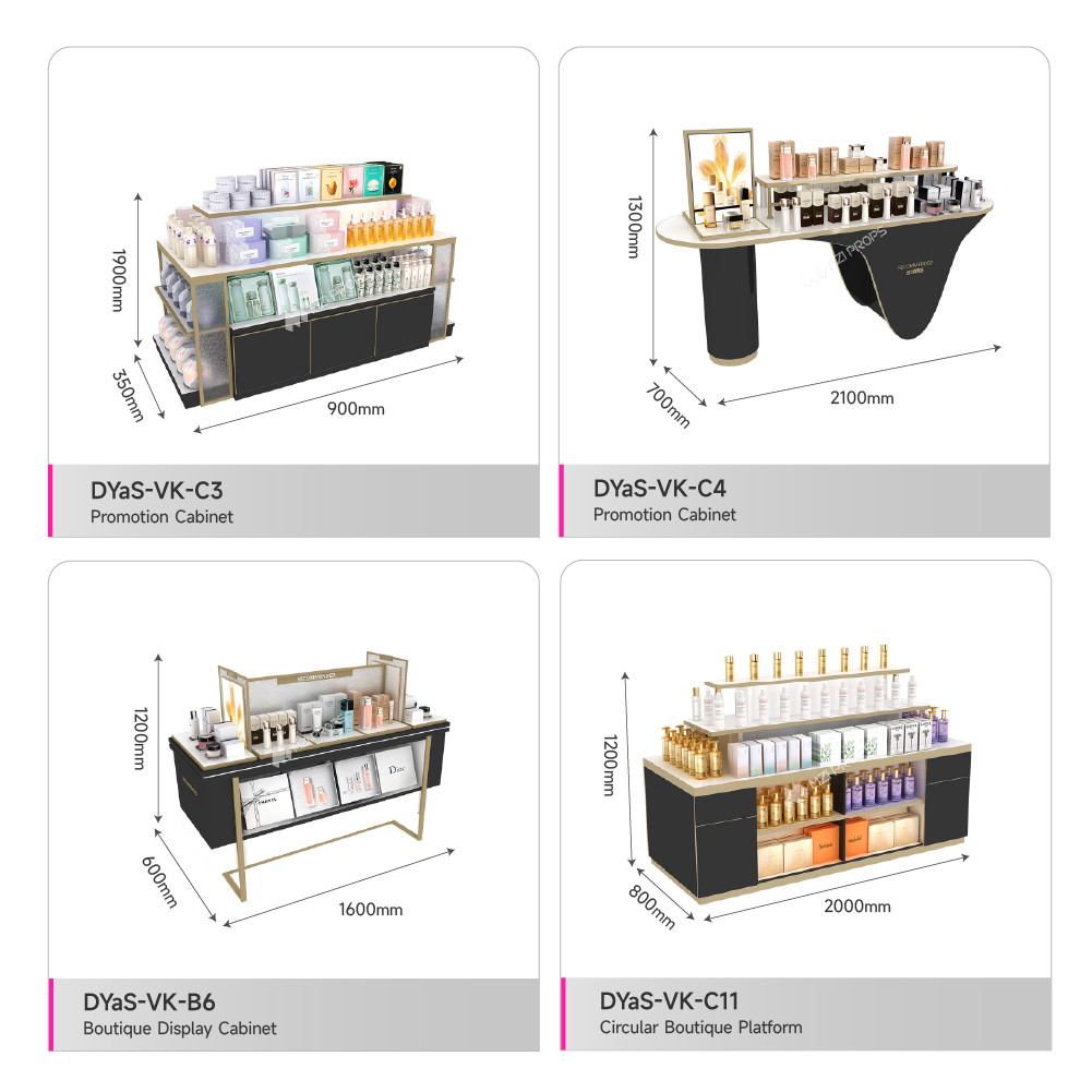 High-quality Customizable Cosmetic Display Rack wooden&iron Skincare Shop Cabinets with LED Light Strips for Beauty Brand Store Design