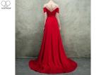 Short Sleeve Long Tail Gown / Red Satin Evening Gown Bust Back Beaded For Women