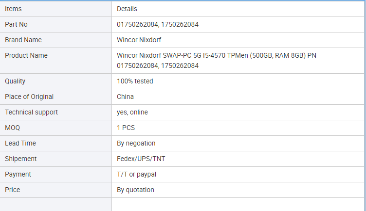 Wincor Nixdorf SWAP-PC 5G I5-4570 TPMen (500GB, RAM 8GB) PN 01750262084, 1750262084