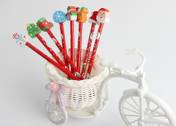 Children School Supplies Christmas Cartoon Eraser Pencil Set with Red Wood Pencils