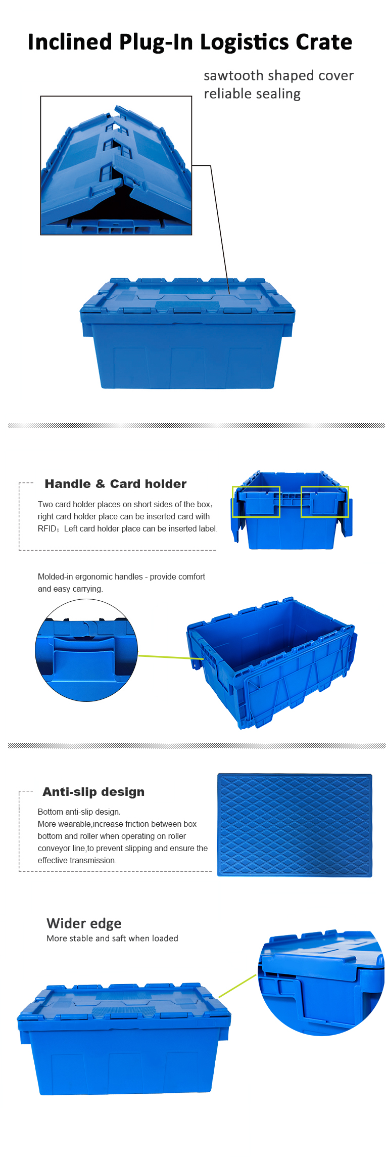 Stackable and Nestable Heavy Duty Turnover Box with Attached Lid PP Plastic Crate