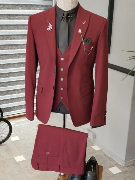 Buy cheap 46 48 50 52 54 56 Custom Tuxedo Suit Maroon 3 Piece Tuxedo Slim Fit Stretch Suit Vest Claret Red from wholesalers