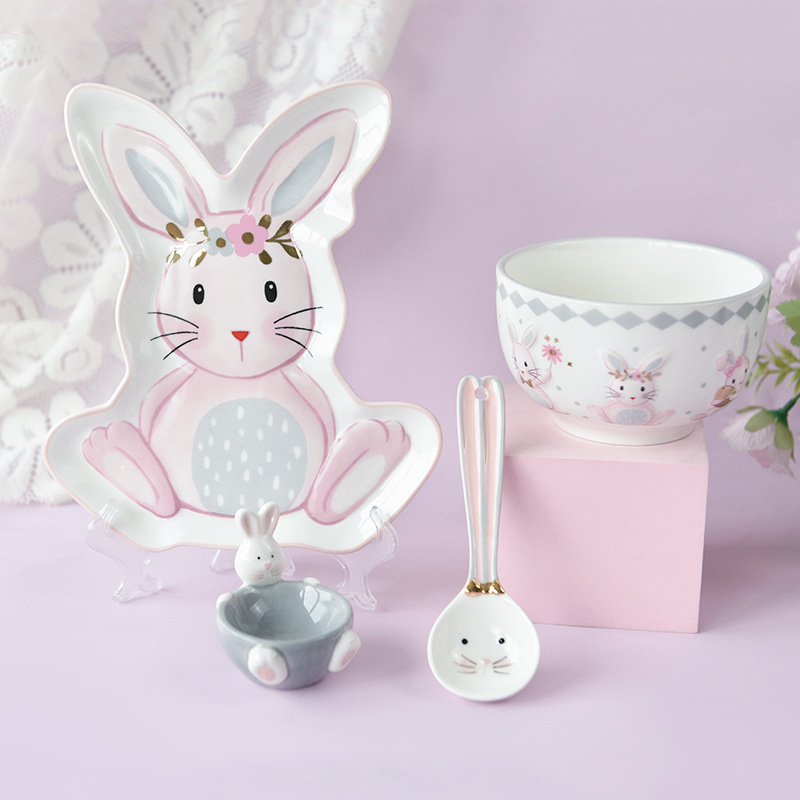 Creative Cute Rabbit Ceramic Tableware Set Embossed Craft For Home Easter Dinnerware