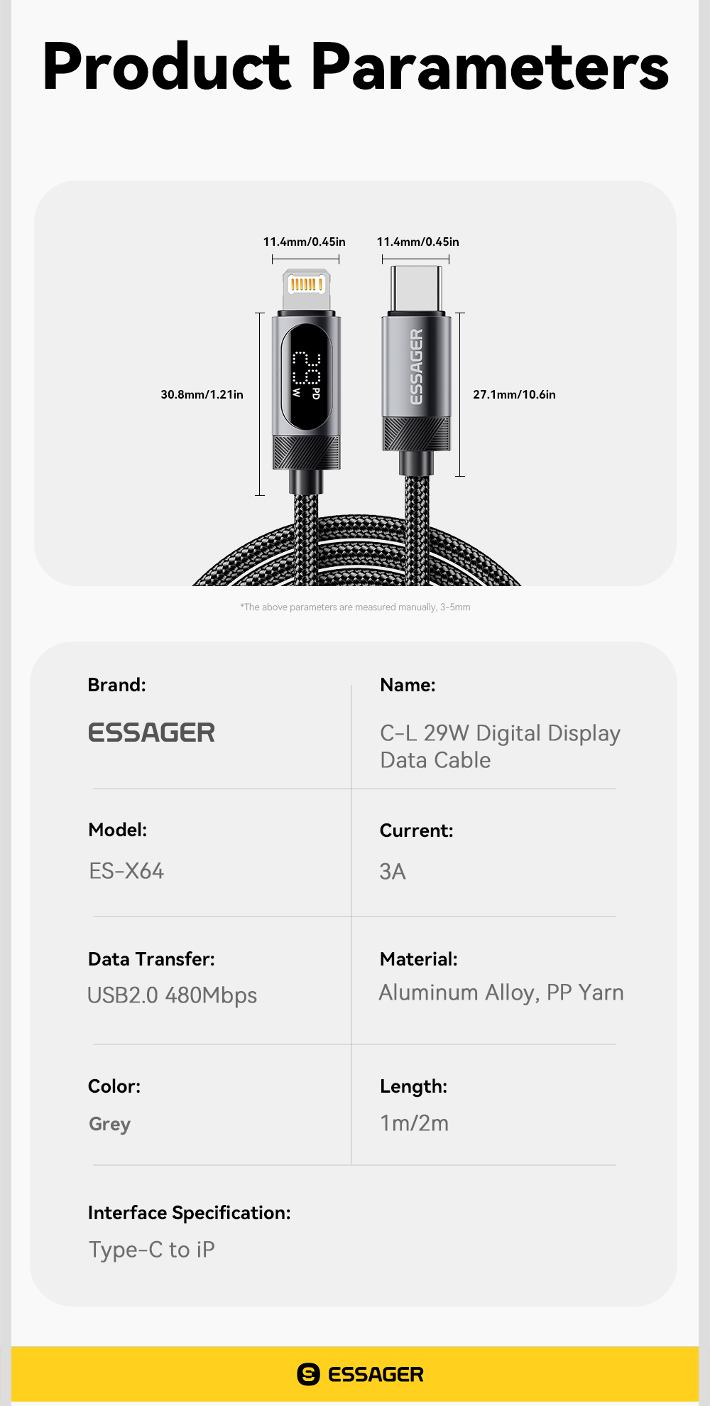 ESSAGER ES-X64 Series 29W USB-C to Lighting Charging Cord Data Cable