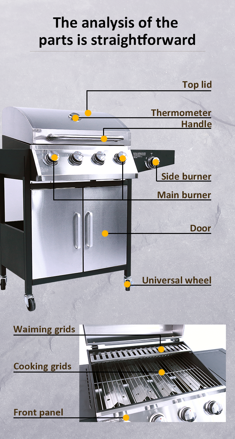 Customized Logo Acceptable 4 1 Stainless Steel Grill Propane BBQ Gas Grill for Patio Garden