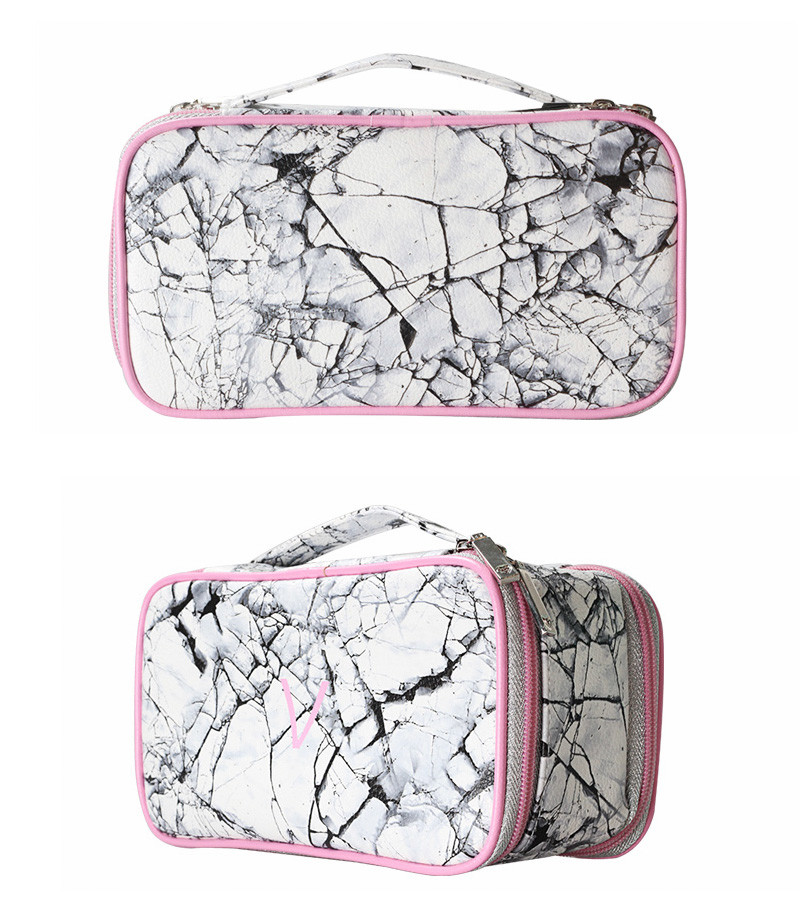 Portable Geometric PU Leather Toiletry Makeup Zipper Wash Bag Waterproof