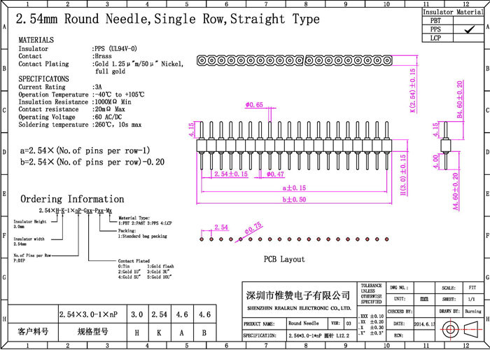 2.54mm Through Hole Pin Header Single Row 180 Degree DIP Type 10 Pin Connector