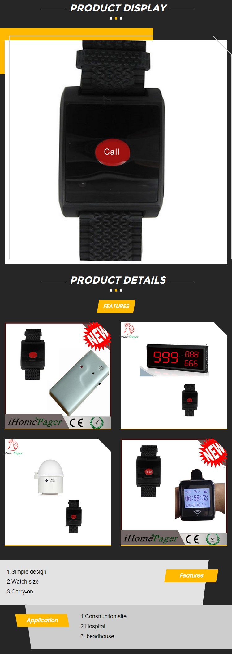 New design Wireless equipment 1-key wrist watch caller
