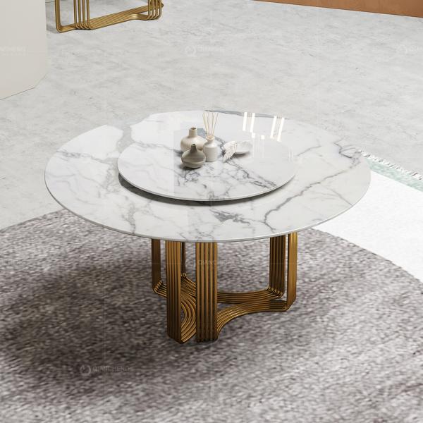 Quality Luxury Round Dining Room Tables With Faux Marble Top Metal Base Brushed Gold for sale