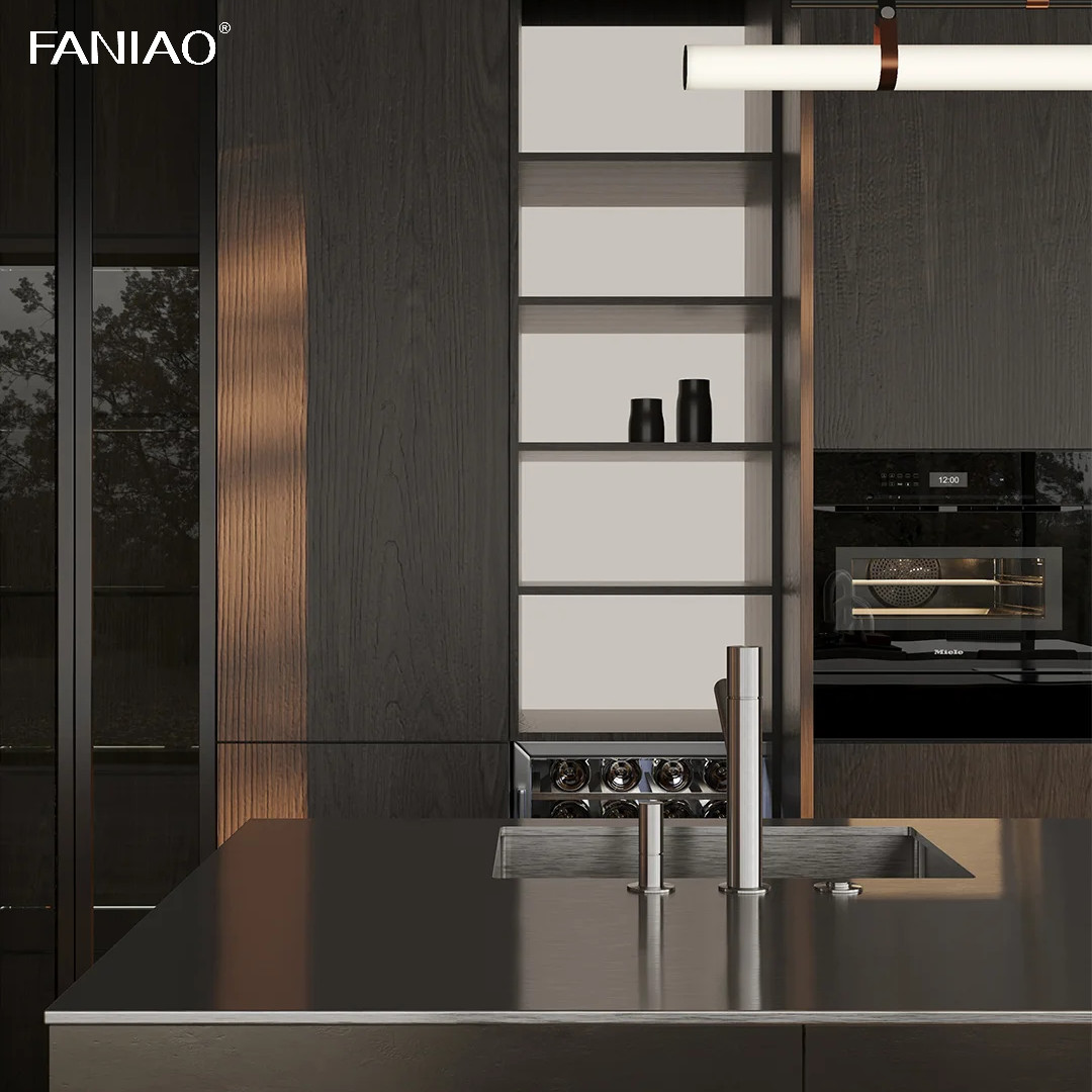 Modern Designs Stainless Steel Custom Furniture I Shaped Kitchen Cabinets Wood Grain Wall Cabinet Stainless Island