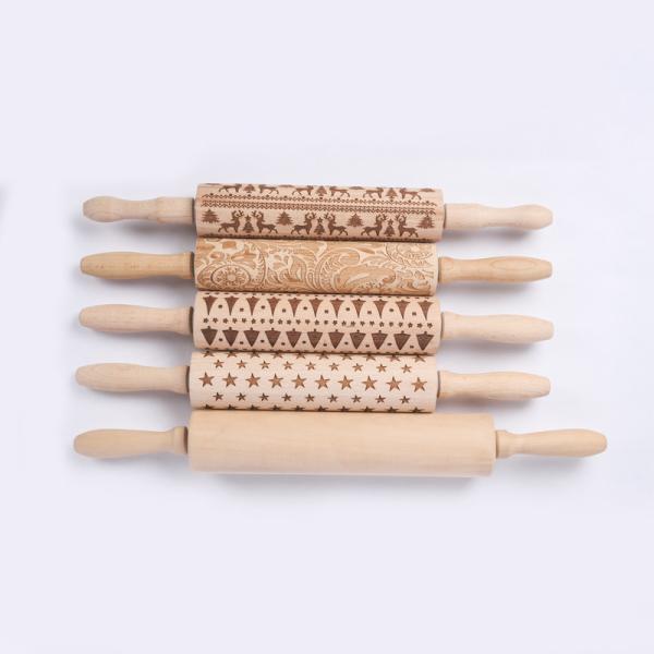 3D Christmas Pattern Wooden Baking Tools Engraved Kitchen Long Wooden Rolling