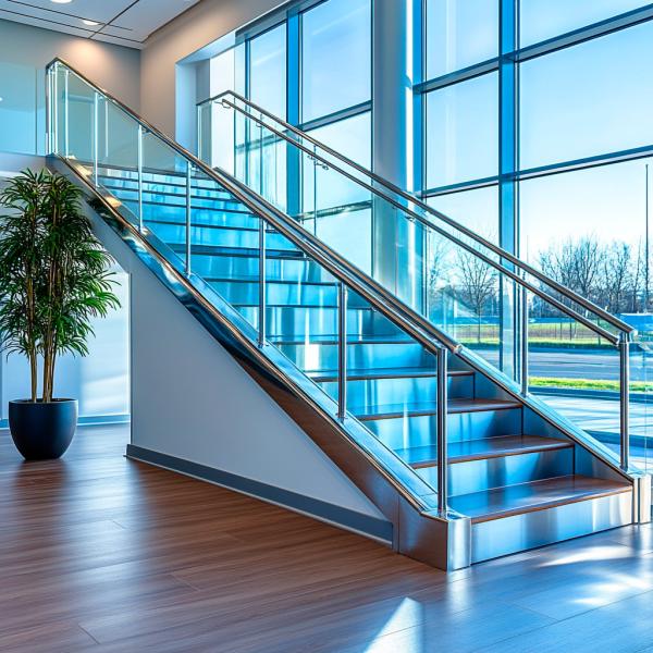 Designer Stainless Steel Handrails with Wood Inserts for Glass Staircase