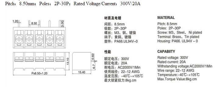 Easy To Install Barrier Terminal Blocks DHB8500B Pitch 8.5 Black 2p-24p