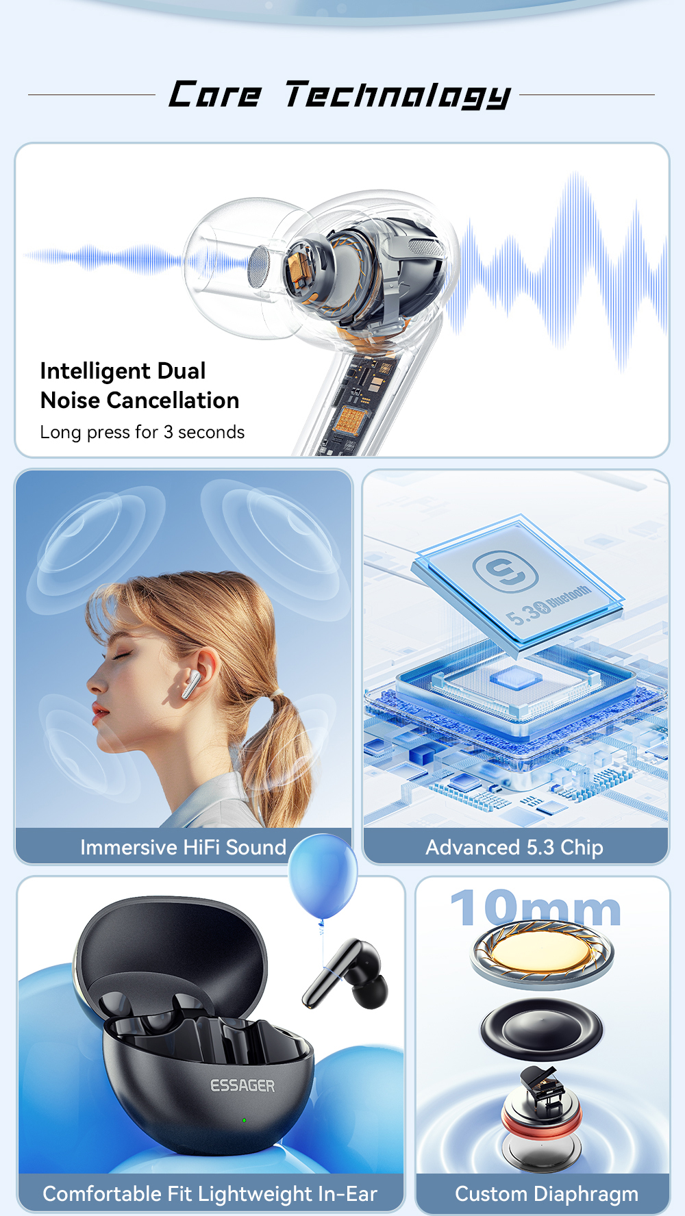 ESSAGER ES-06 Series TWS Wireless Earphones Noise Cancelling Earbuds Waterproof