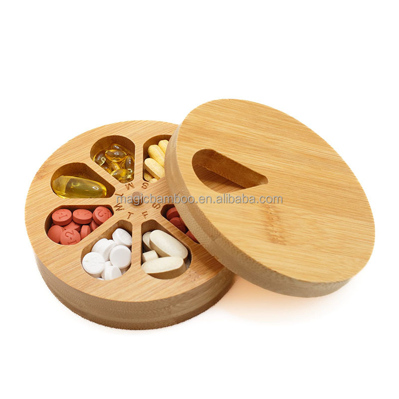 Functional and Durable Bamboo Daily Travel Round Pill Organizer with Days of the Week