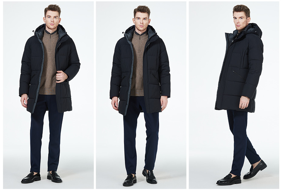 Business Style Long Man Winter Coat Thick Dark Colour Waterproof Down Coat With Four Pockets