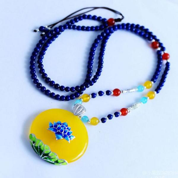 Buy cheap Lapis Lazuli Gemstone Strand Necklace with Enamel 925 Silver Yellow Chalcedony Charm (XH057270W) from wholesalers