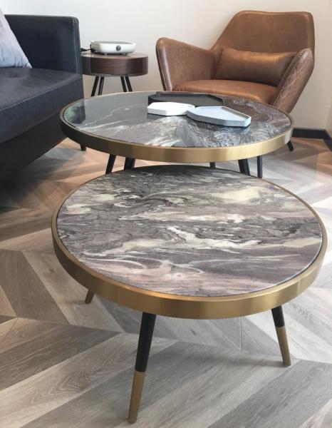 Buy cheap 2 Pieces Round Mable Top Coffee Table set Stainless Steel leg trimming from wholesalers