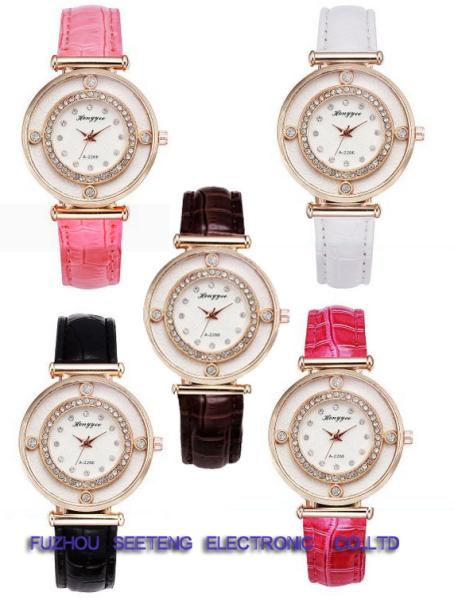 Buy cheap Colorful pu leather strap wrist watch with fashion design and diamond inset dial for ladies from wholesalers