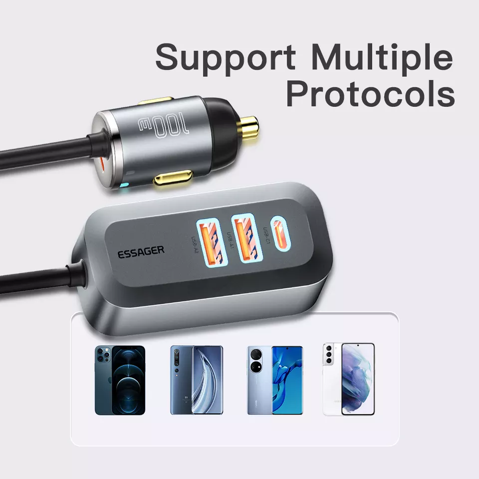 Essager 2022 Doution Car Back Row Expansion 1.5m Grey 100W Fast Charging Car Charger (2USB+2Type-C)