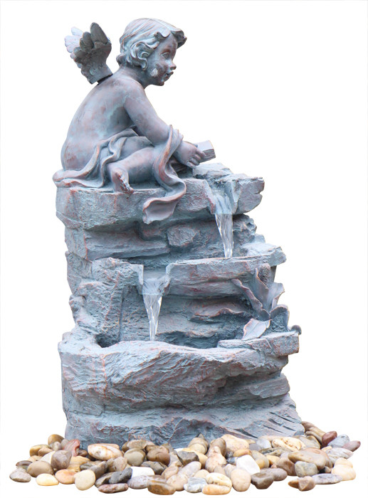 Angel On Rock Waterfall Resin Garden Fountains with LED Light Anchor Falls Cascading