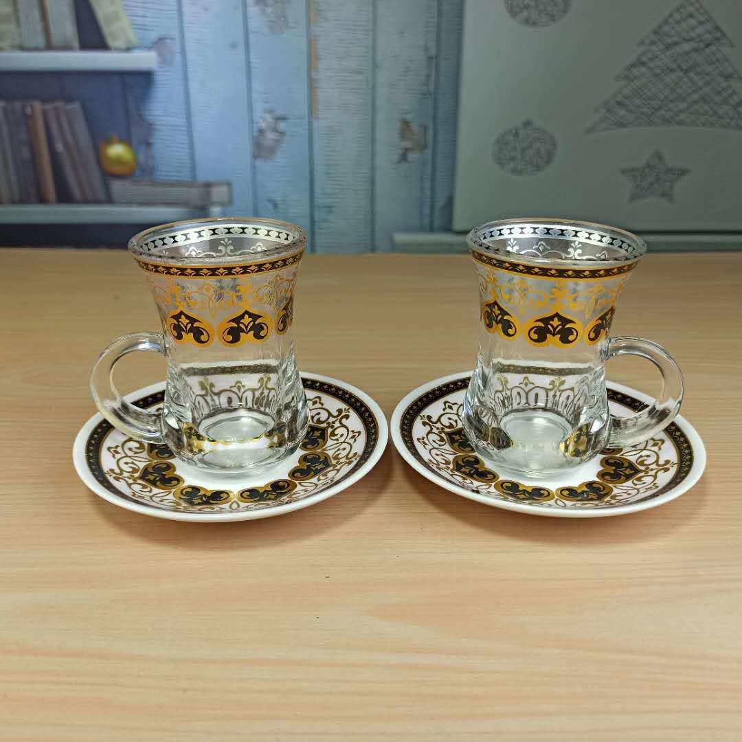 100ml Gold Drawing Glass Cup And Saucer Set Arabic Style