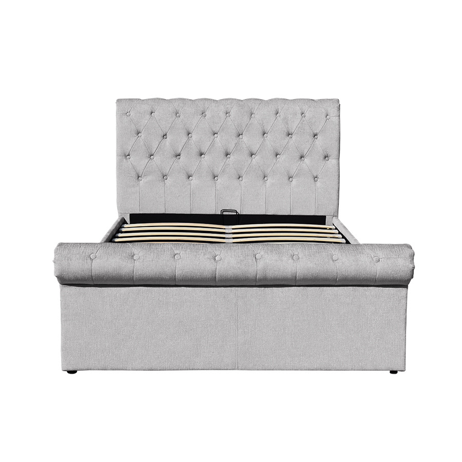 Plywood Chenille Ottoman Double Bed Frame With Storage Sleigh Shape Full Size