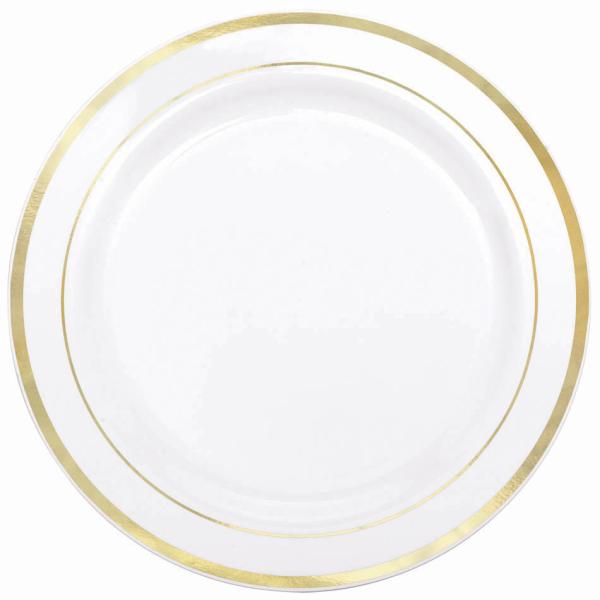 Buy cheap 6" fancy round gold plastic plates with plastic silverware 6" ivory/ gold band round rimini plastic dessert plate from wholesalers