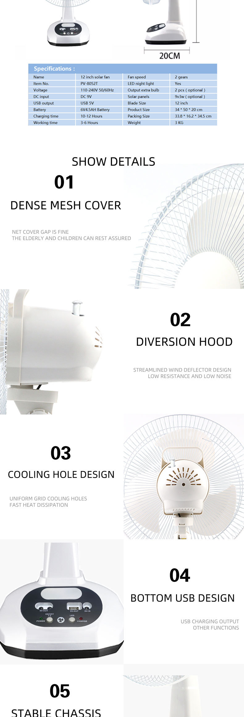Best-Sale AC/DC Operation Metal Grill 12 Inches 3 Blades Rechargeable Home Solar Fans Rechargeable Electric Fan