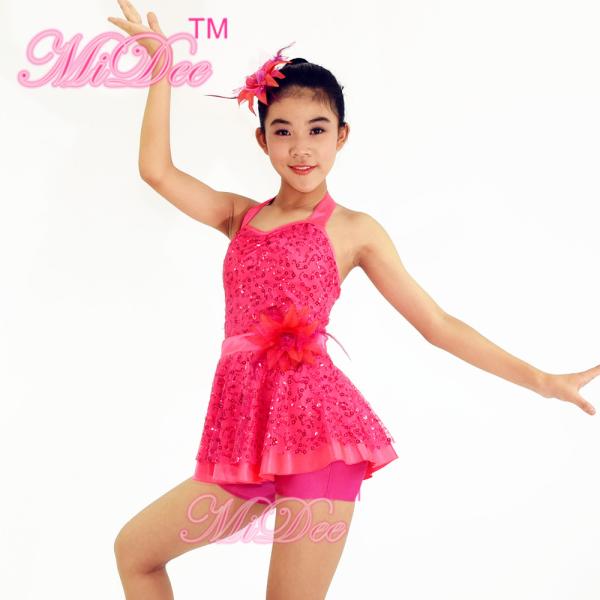 Quality 2 In 1 Pink Sleeveless Sequin Dress Leotard Girls Dance Costumes For Competition for sale