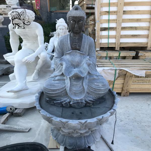 Buy cheap BLVE Garden Buddha Statue Water Fountain Black Natural Stone Handcarved Life Size Holding Lotus Leaf from wholesalers