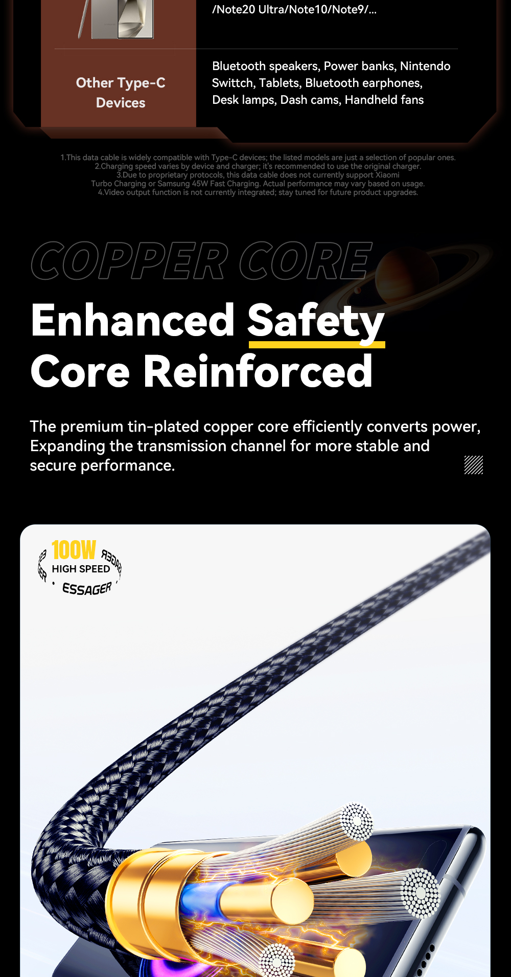 ESSAGER ES-X61 Series A-C 100W Max Best USB Cable C Charging Cord