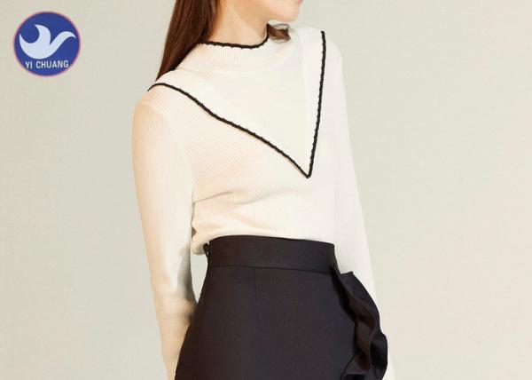 Buy cheap Stand Collar Fake V Neck Womens Knit Pullover Sweater Contrast Color Edge Top from wholesalers