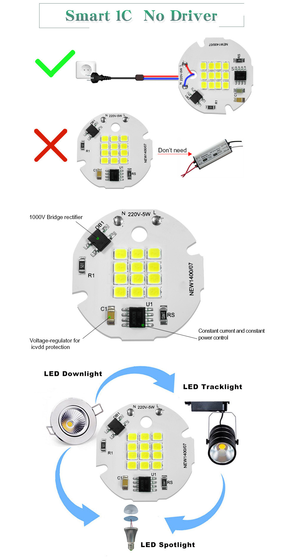 No Flicker Cob Chip On Board AC 220V 6000K Cob Led Driver Ic