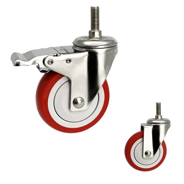 Customize Stainless Castor Wheels 4" Soft Red Wheel Medium Duty PU Threaded Stem