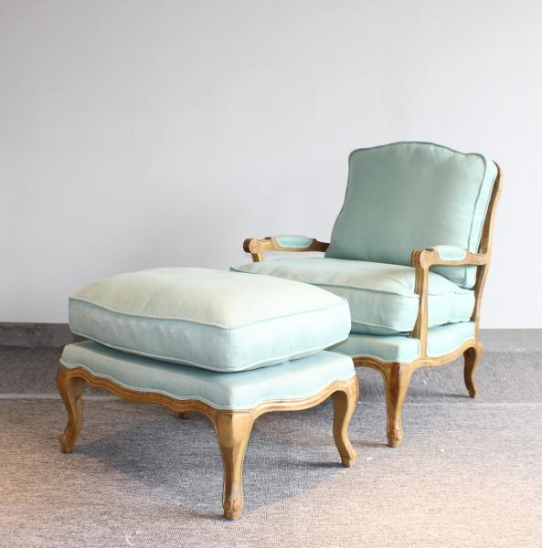 Buy cheap French style louis accent chair oak wood frame chair with linen fabric good upholstery cushion chair with ottoman stool from wholesalers