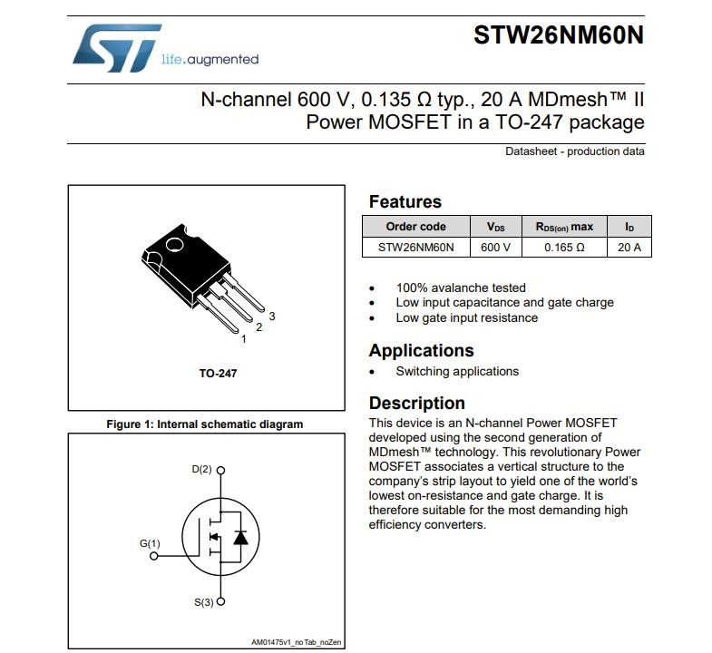 N-channel 600V, 0.065 Ω typ., 40A Power MOSFET in a TO-247 package STW48N60DM2 Field Effect Transistor