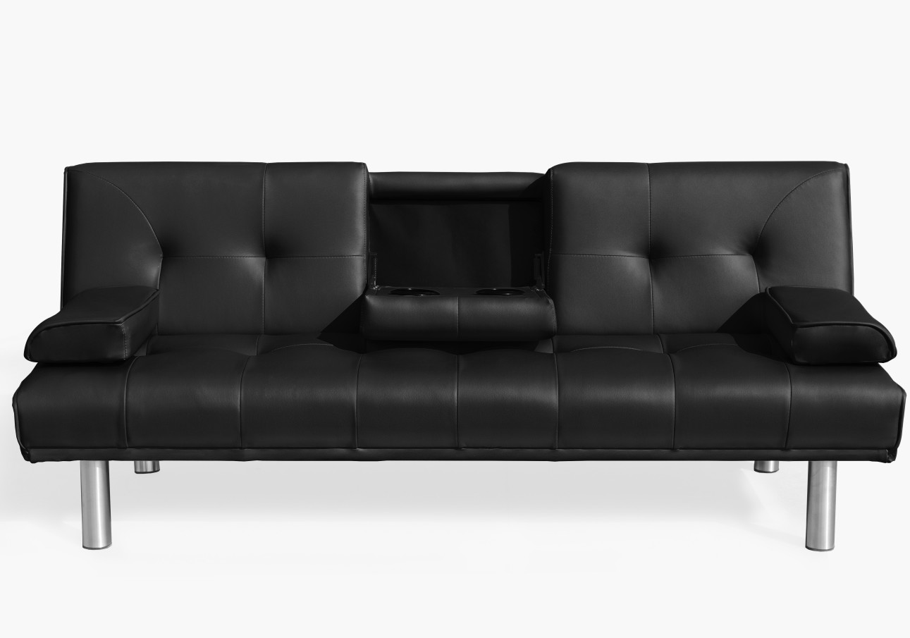 Faux Leather Three Seater Foldable Sofa Bed With Cup Holder And Bluetooth Speaker