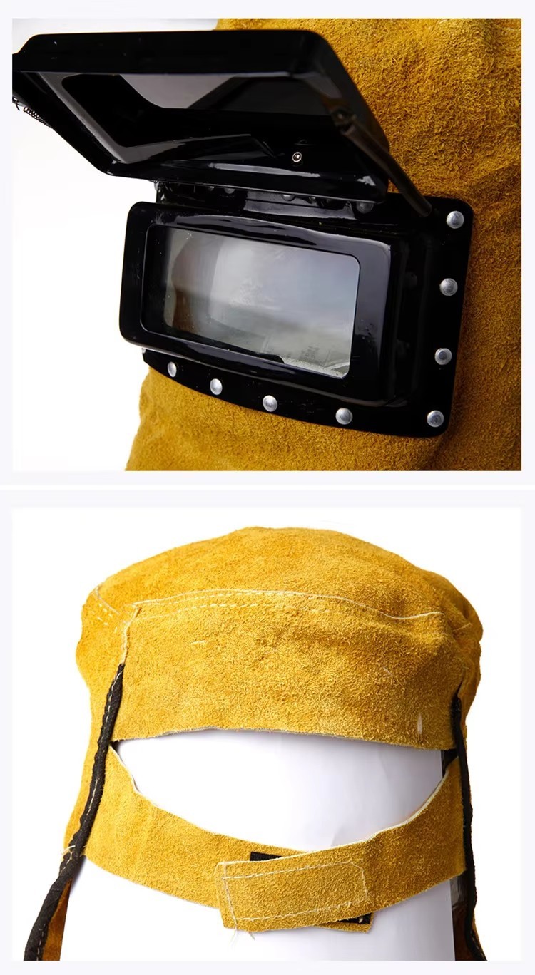 Solar Powered Leather Welding Mask Glasses Head Wearing Foldable Full Face Mask With Flip Type Cover