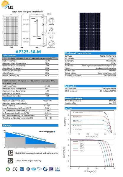 36V 72 Cell Mono 325W,330W,340W,345W Monocrystalline Module Solar Photovoltaic