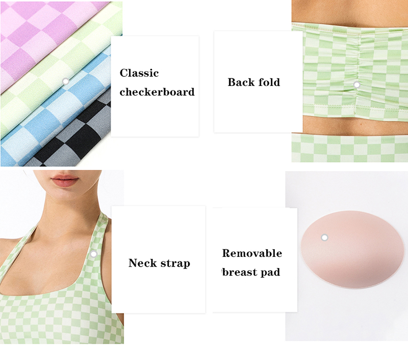 Spring Plaid Hanging Neck Womens Sports Bra Fitness Yoga Vest