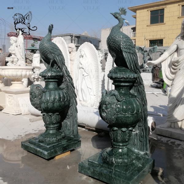 Green Marble Peacock Statue Sculpture Life Size Natural Stone Carvings Animal